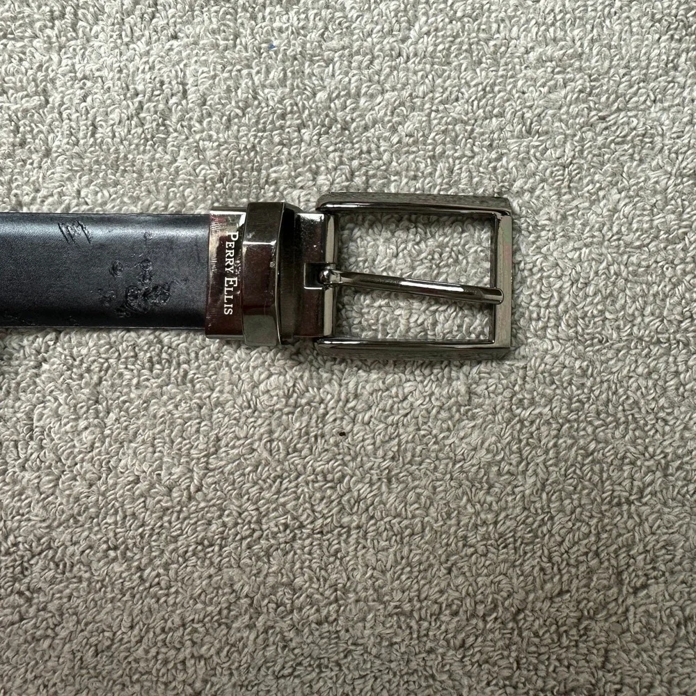 Perry Ellis Mens Reversible Leather Belt Black Brown Gunmetal Buckle Size 36